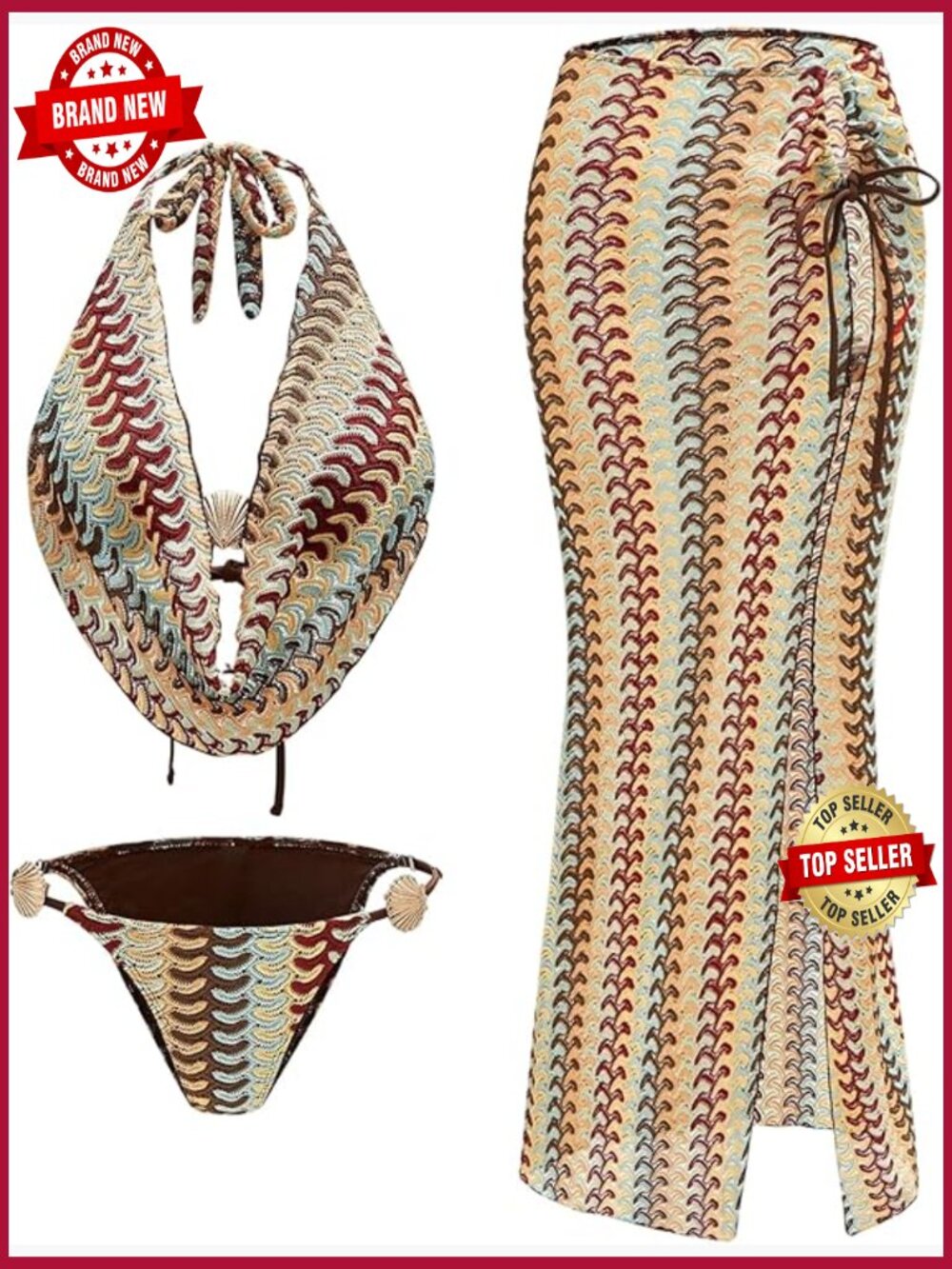 3 Piece Bikini Set with Skirt Cover Up Swimwear